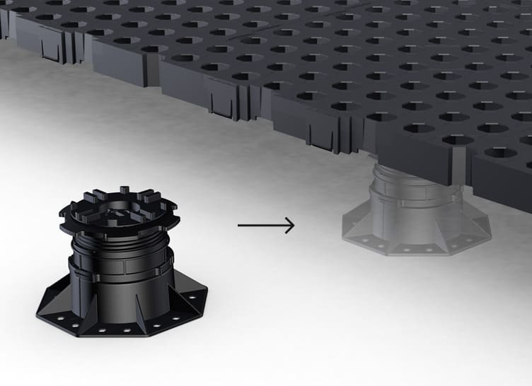Freies Positioninieren des Trias Helix Stelzlagers unter dem Terrassen Doppelbodensystem Trias Wabic 2.0