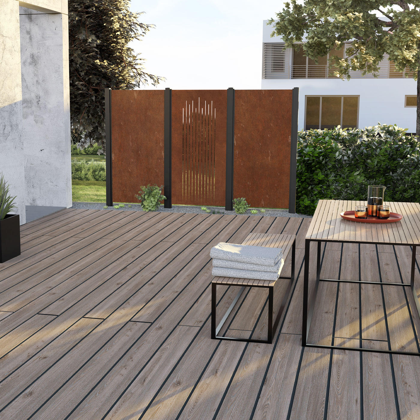 TRIAS Sichtschutz Corten und Corten Lines auf Terrasse