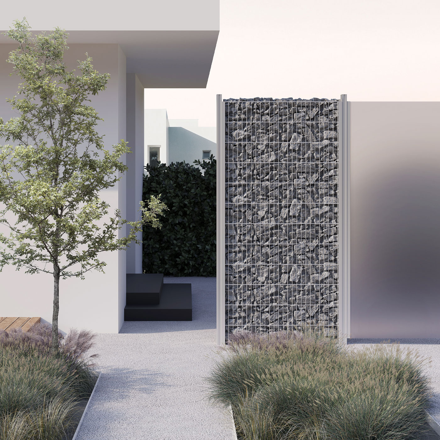 TRIAS Sichtschutz Gabione kombiniert mit satiniertem Glas im Vorgarten