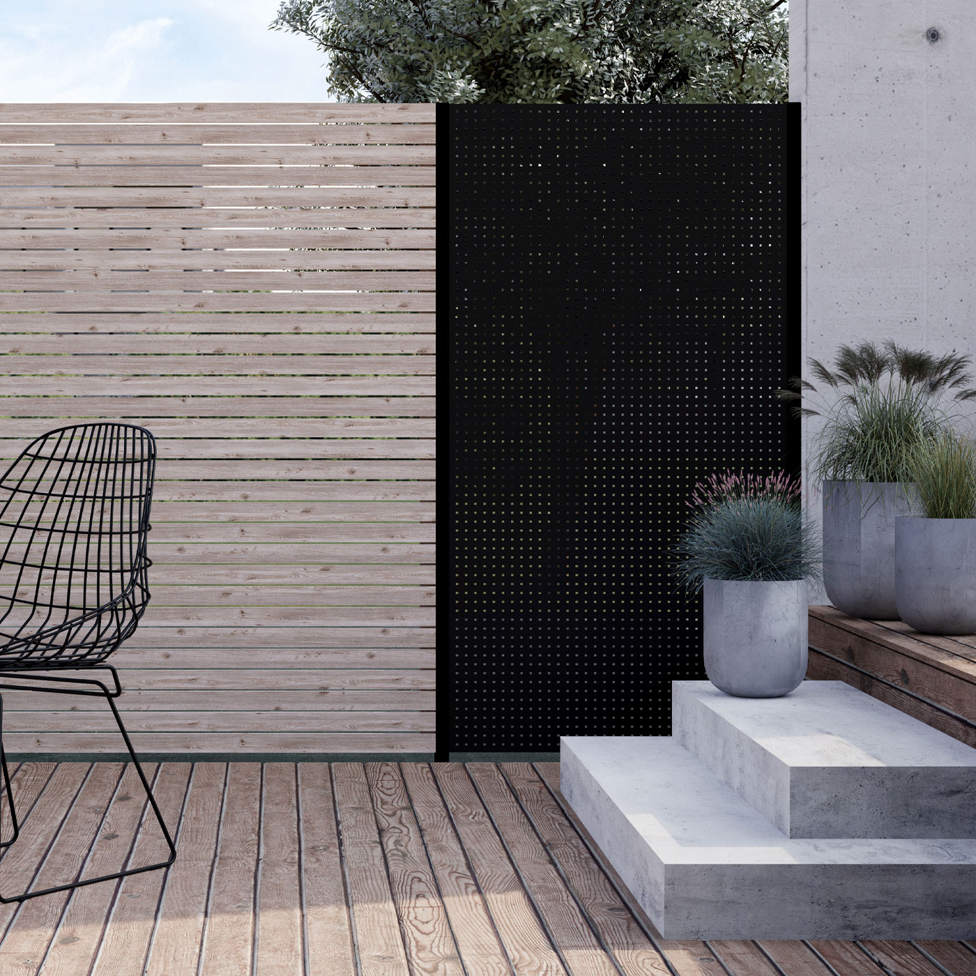 TRIAS Sichtschutz Square 8 Design-Panel aus Metall in Schwarz auf Terrasse