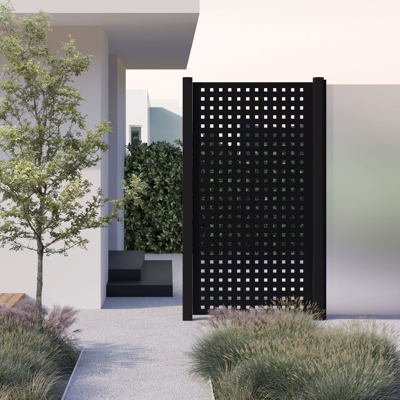 TRIAS Sichtschutz Square 25 Design-Panel aus Metall in Schwarz im Vorgarten