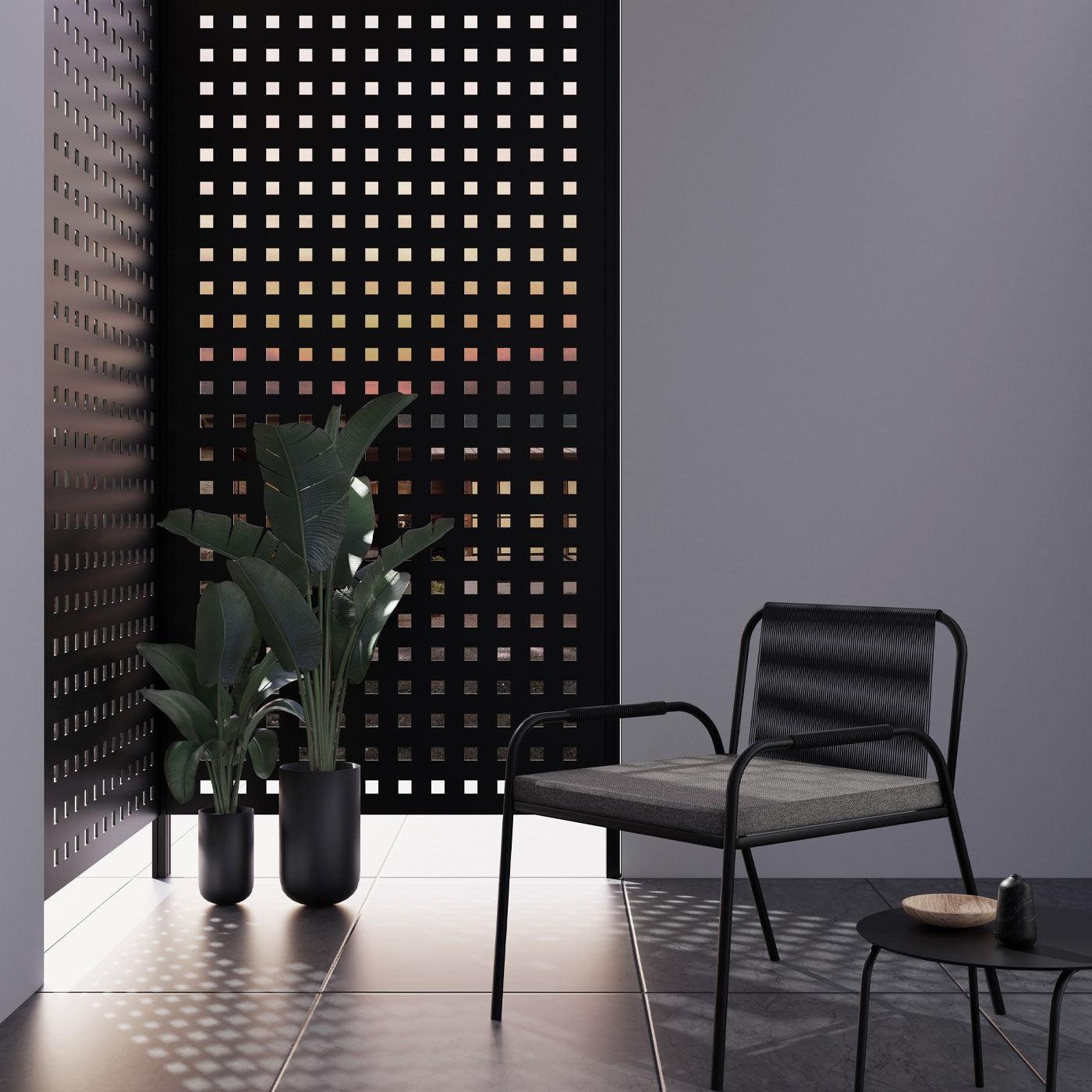 TRIAS Sichtschutz Square 25 Design-Panel aus Metall in Schwarz auf Terrasse