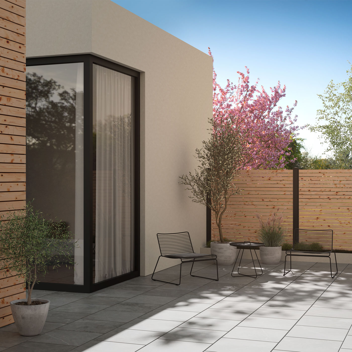 TRIAS Sichtschutz Rhombus Alu Larch auf moderner Terrasse