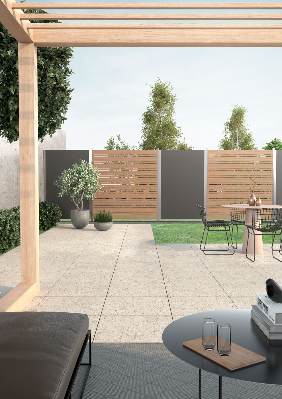 Terrasse mit Sichtschutz aus HPL und Rhombus von TRIAS zur einfachen Montage