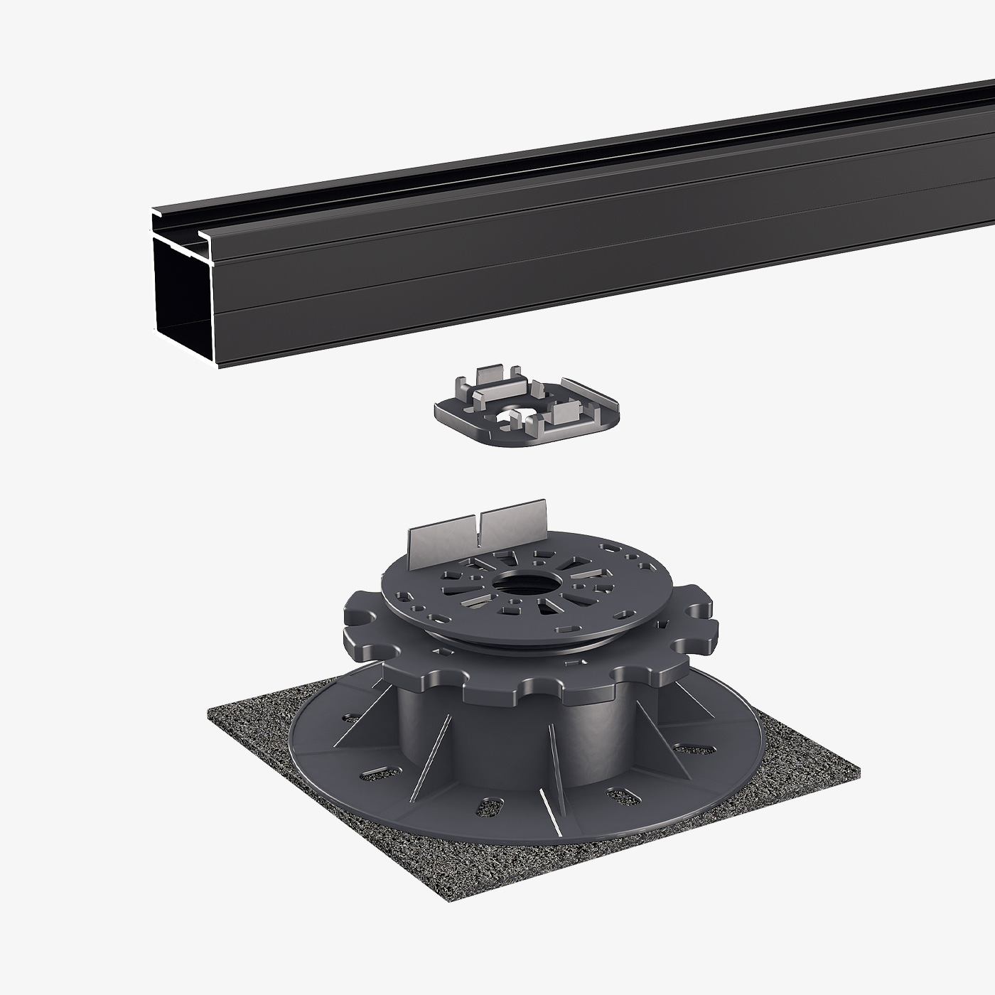 Das Bild zeigt den Montageaufbau für eine Terrassen-Unterkonstruktion mit dem TRIAS ALU And-On-Clip-S