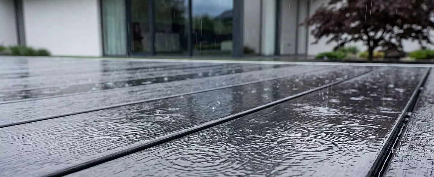 Moderne WPC-Terrasse bei Regen – Wasser läuft kontrolliert über anthrazitfarbene Terrassendielen mit sauberem Abschlussprofil ab