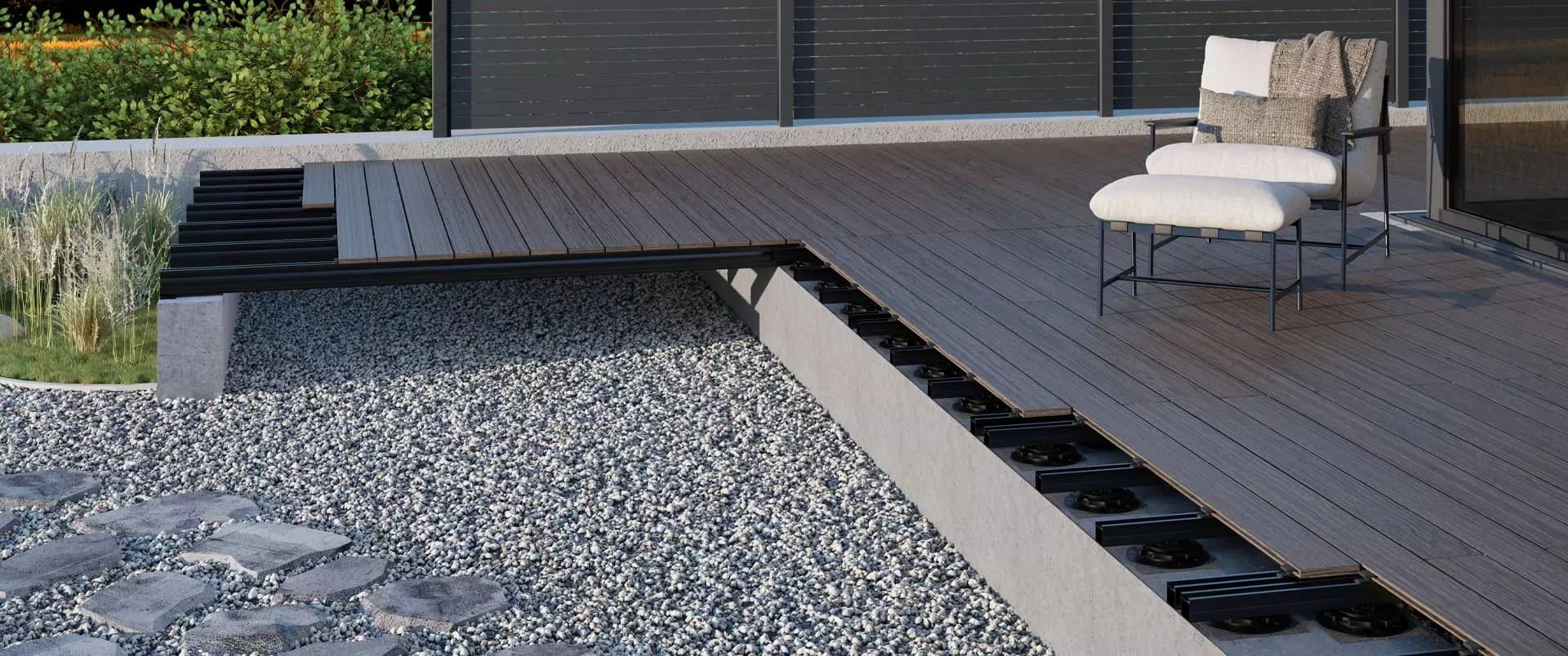 Das Bild zeigt eine Terrassen-Unterkonstruktion aus Aluminium für einen Dielenbelag