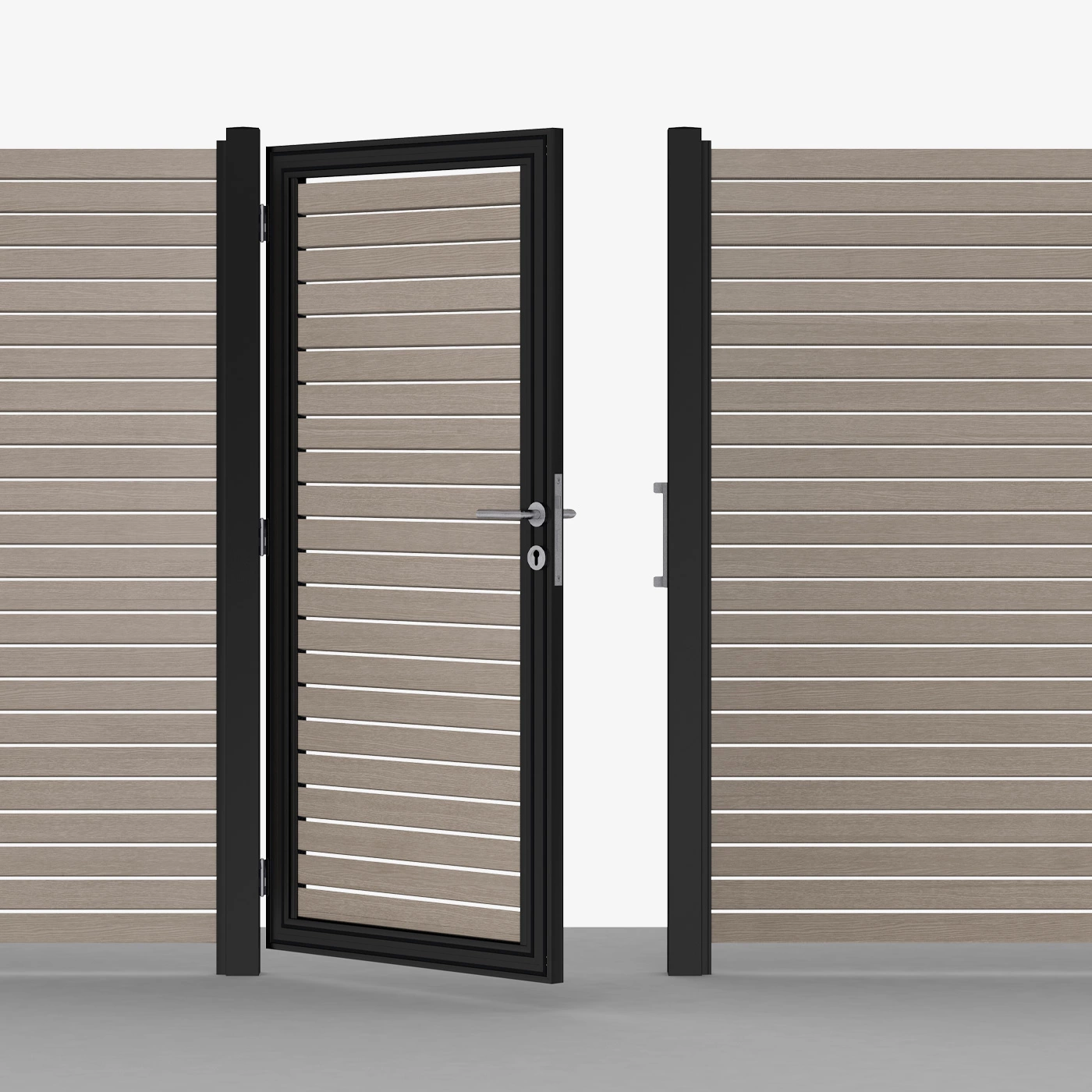 Das Bild zeigt das TRIAS Sichtschutz Türelement in der Farbe Schwarz mit Rhombusleisten