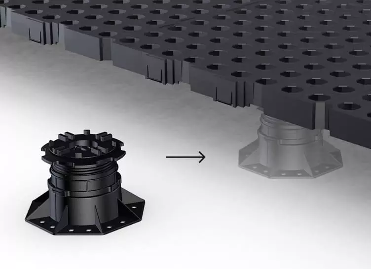 Freies Positioninieren des Trias Helix Stelzlagers unter dem Terrassen Doppelbodensystem Trias Wabic 2.0