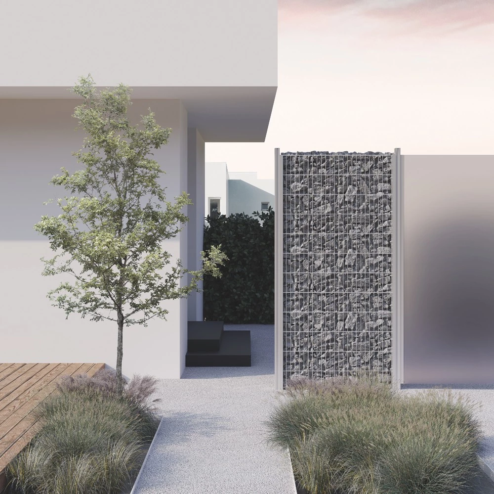 Vorgarten mit kombiniertem Sichtschutz Gabione und statiniertem Glas.