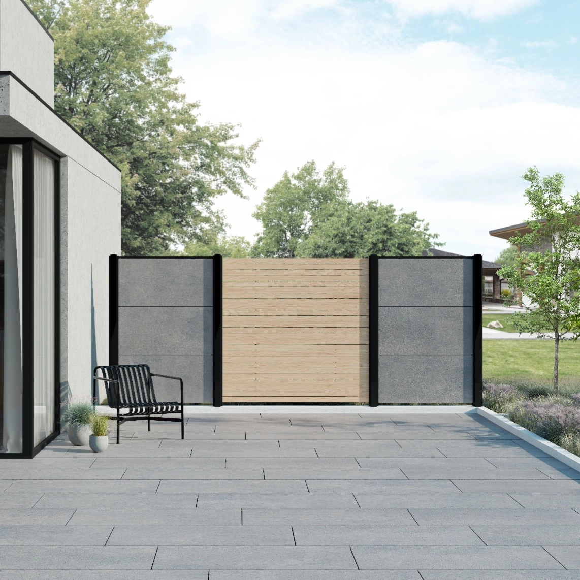 Moderner Sichtschutz mit Keramikfliesen und Rhombusleisten