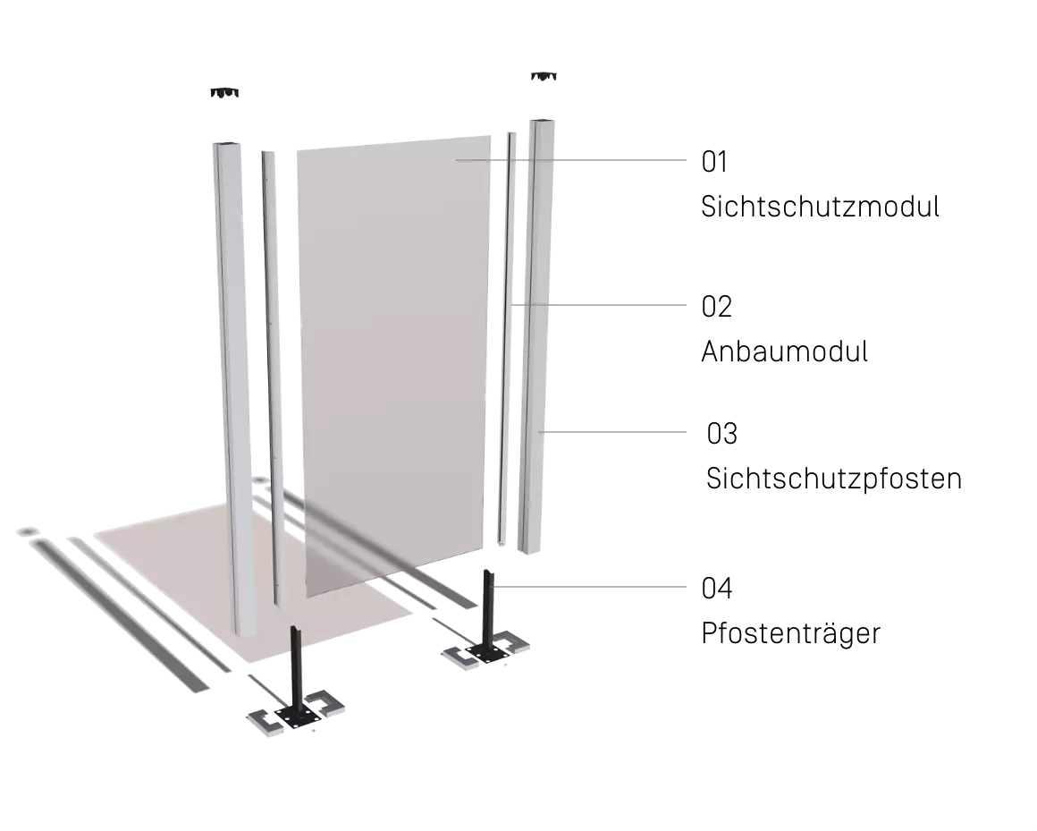 TRIAS Sichtschutz Systemmodule: Sichtschutzmodul, Anbaumodul, Sichtschutzpfosten und Pfostenträger