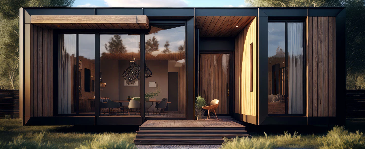 Das Bild zeigt ein Tiny House mit kleiner Terrasse mit Stufen