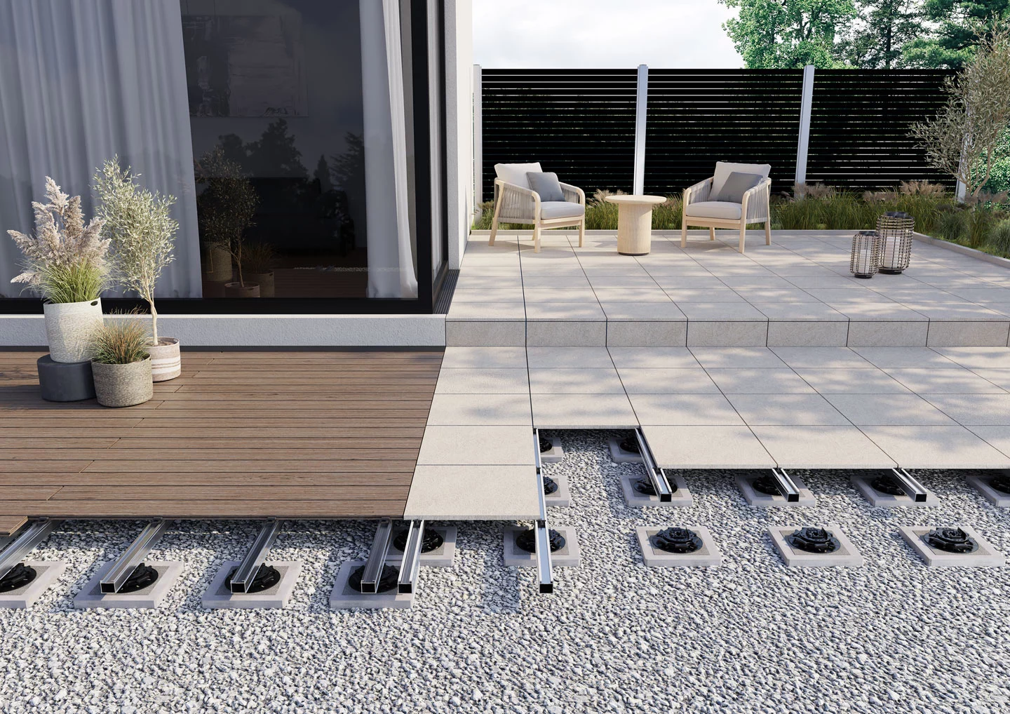 Das Bild zeigt eine Terrasse mit der Unterkonstruktion TRIAS Alu Basic