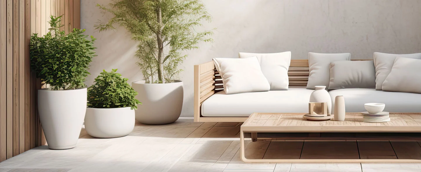 Das Bild zeigt eine Terrasse mit passen ausgewählten Pflanztöpfen in der Farbe Beige